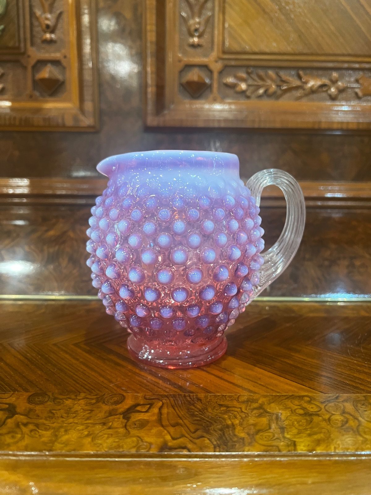 Vintage Fenton Cranberry Pink Hobnail Glass Pitcher – 4.5"