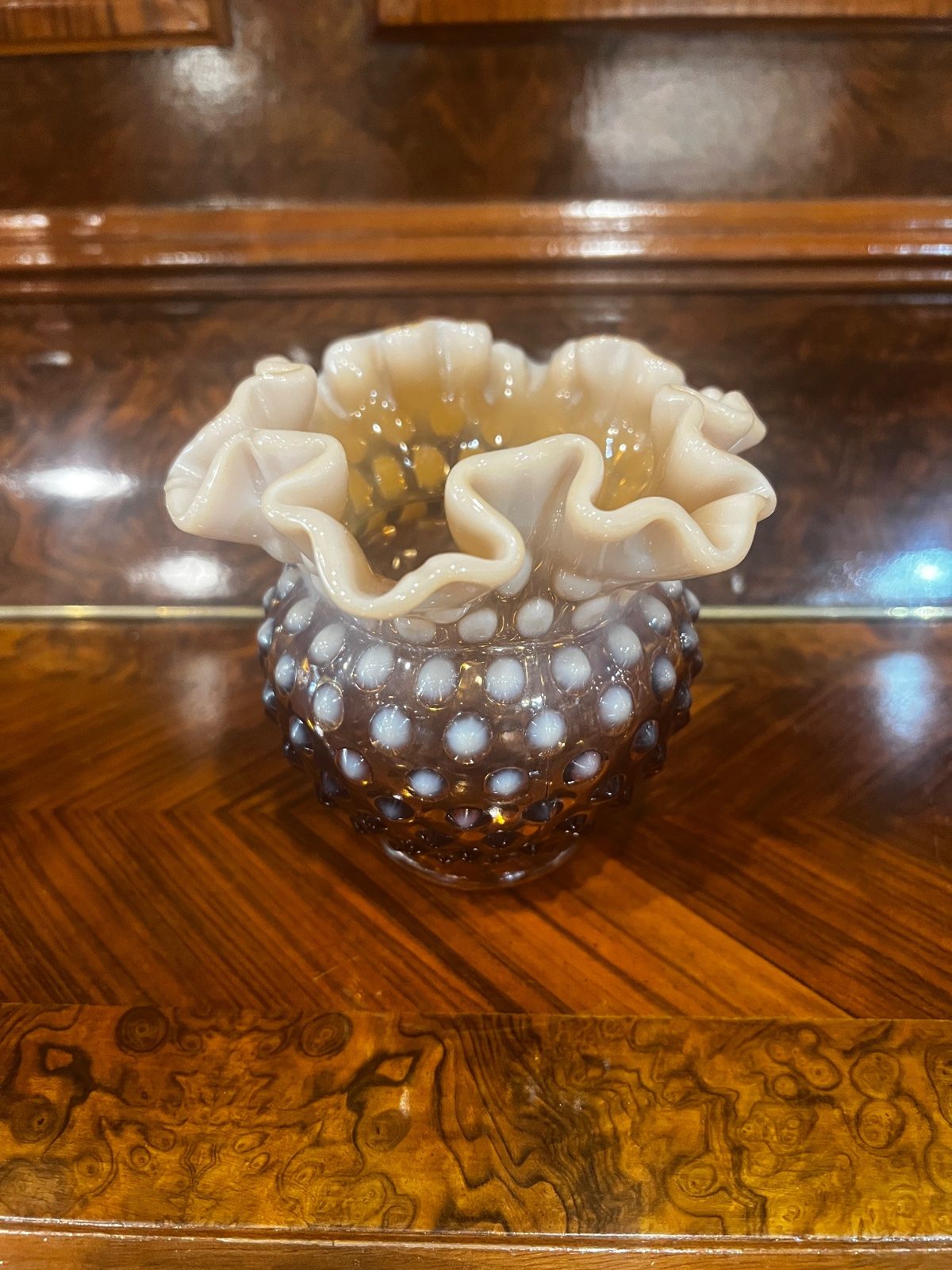 Vintage Fenton Amber Opalescent Hobnail Ruffled Vase – 4.25" 3