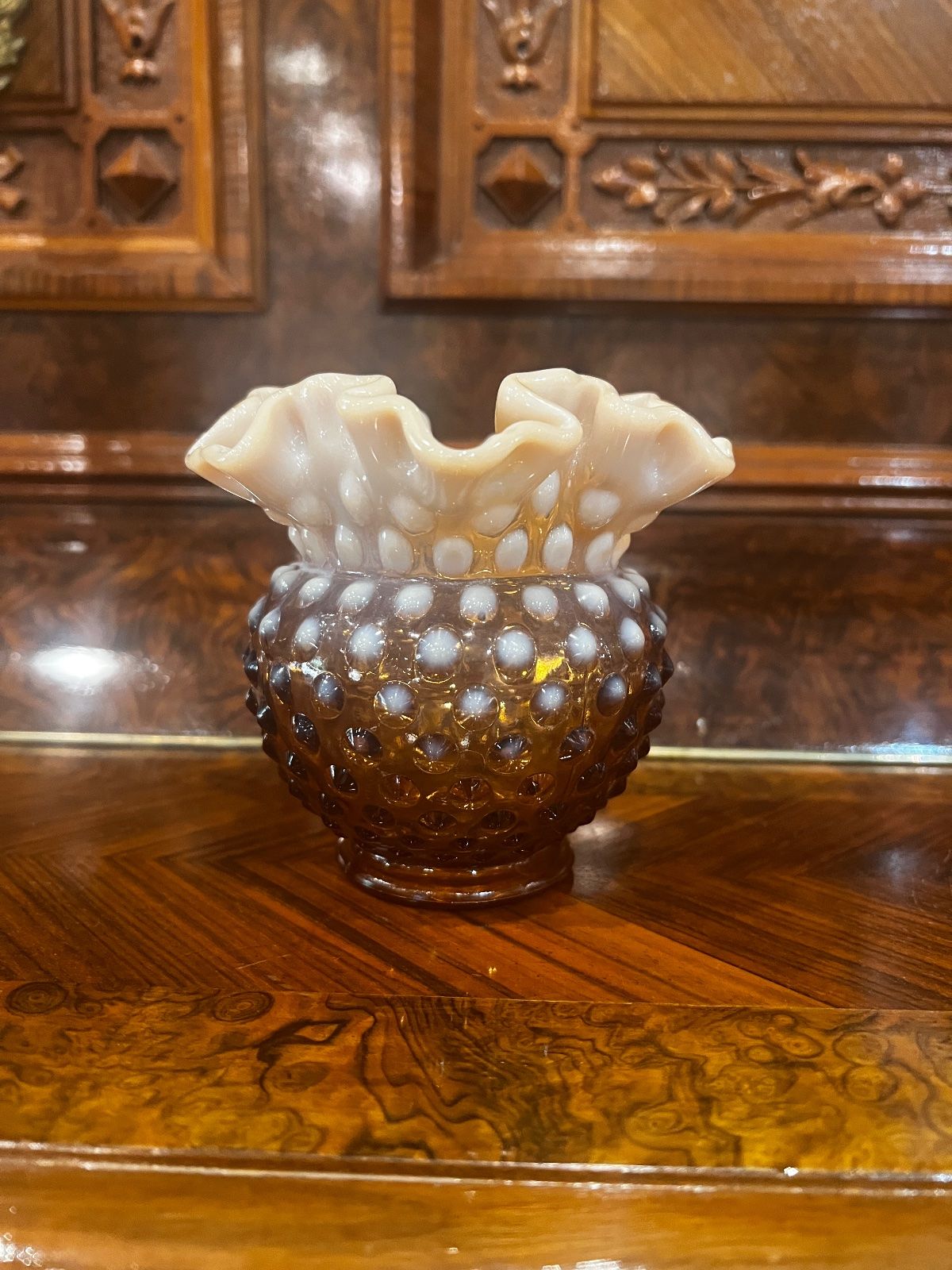 Vintage Fenton Amber Opalescent Hobnail Ruffled Vase – 4.25"