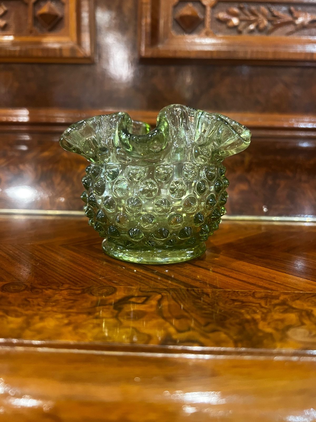 Vintage Fenton Olive Green Hobnail Ruffled Mini Vase – 3"