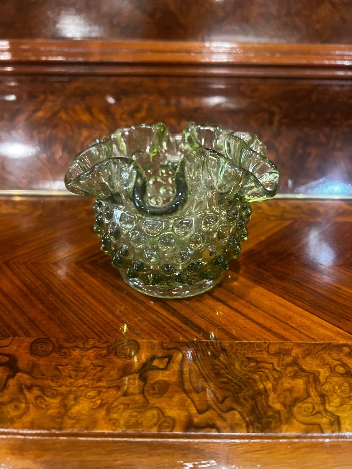 Vintage Fenton Olive Green Hobnail Ruffled Mini Vase – 3" 3