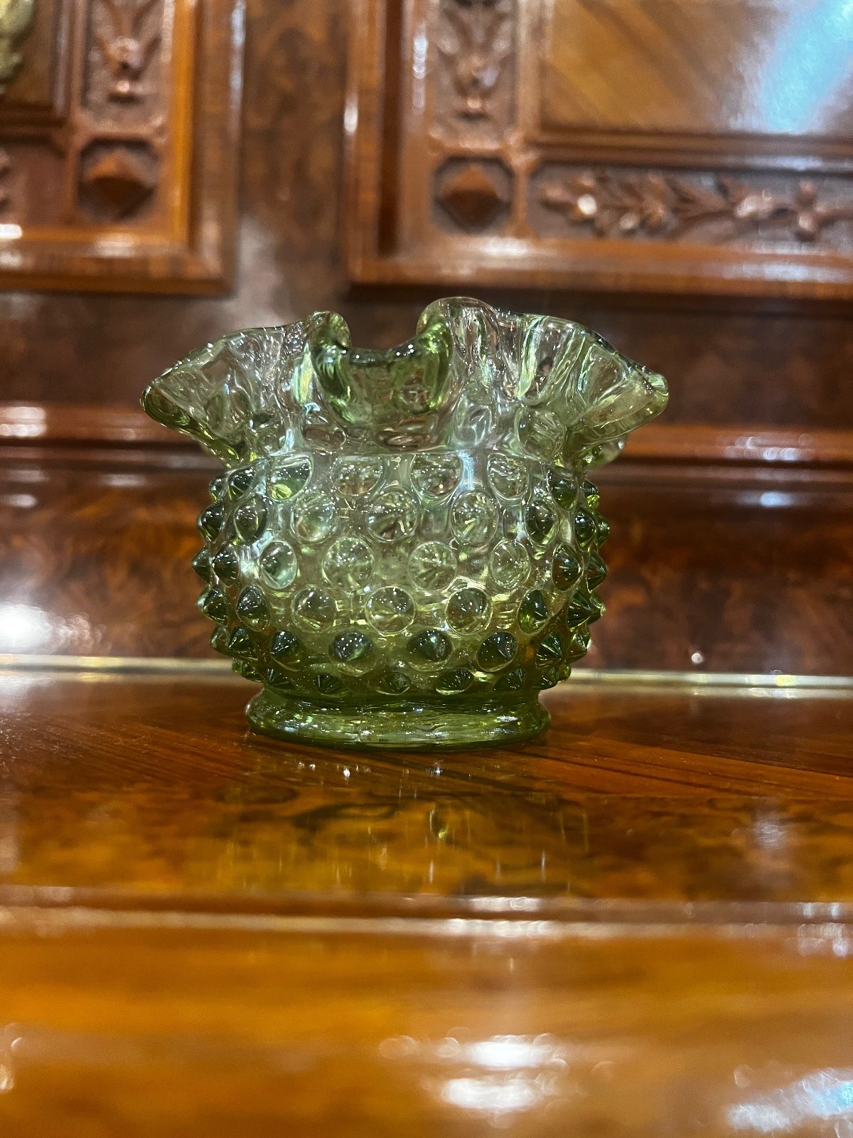 Vintage Fenton Olive Green Hobnail Ruffled Mini Vase – 3" 2