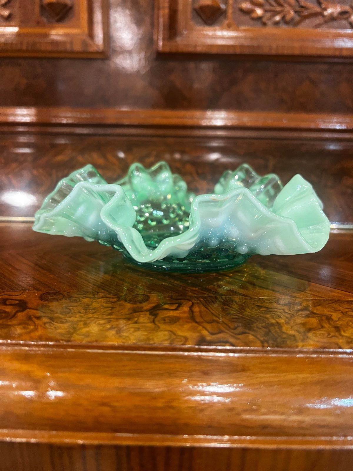 Vintage Fenton Green Hobnail Ruffled Glass Dish – 6" 2