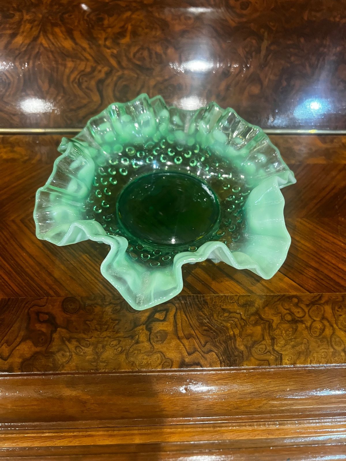 Vintage Fenton Green Hobnail Ruffled Glass Dish – 6" 3