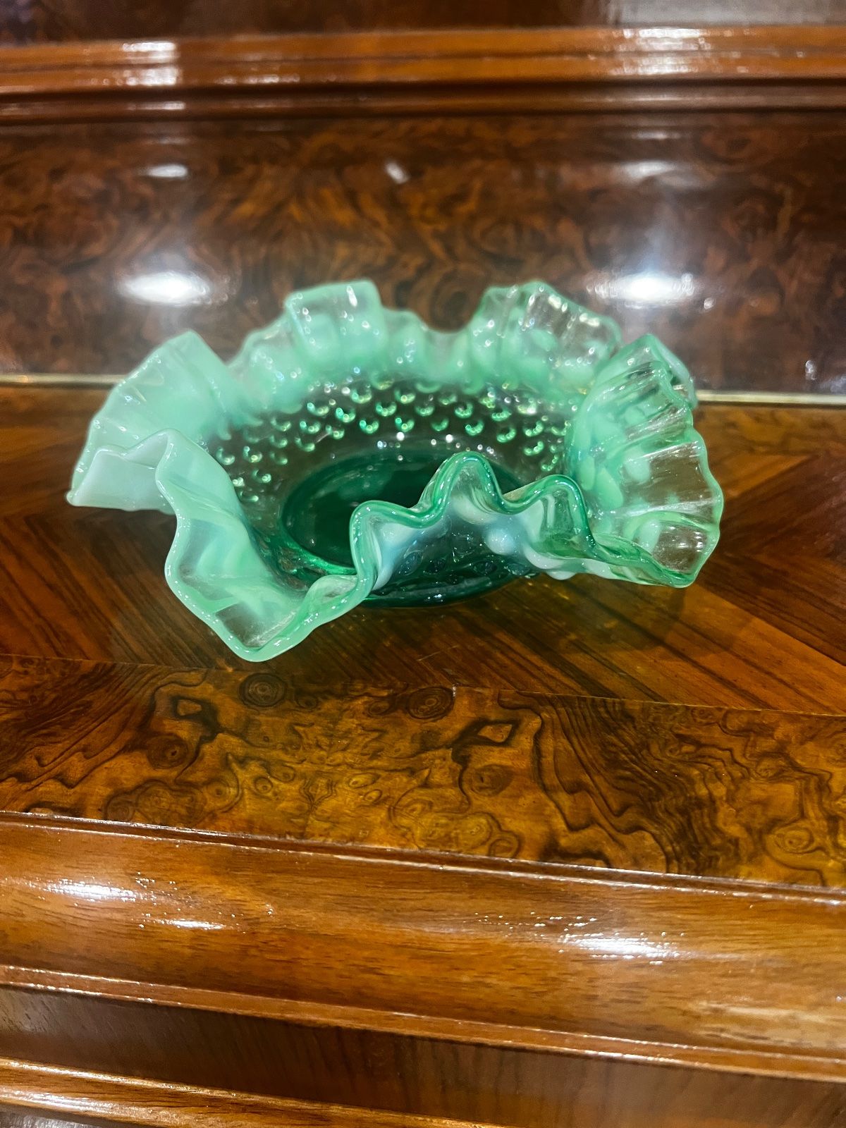 Vintage Fenton Green Hobnail Ruffled Glass Dish – 6"