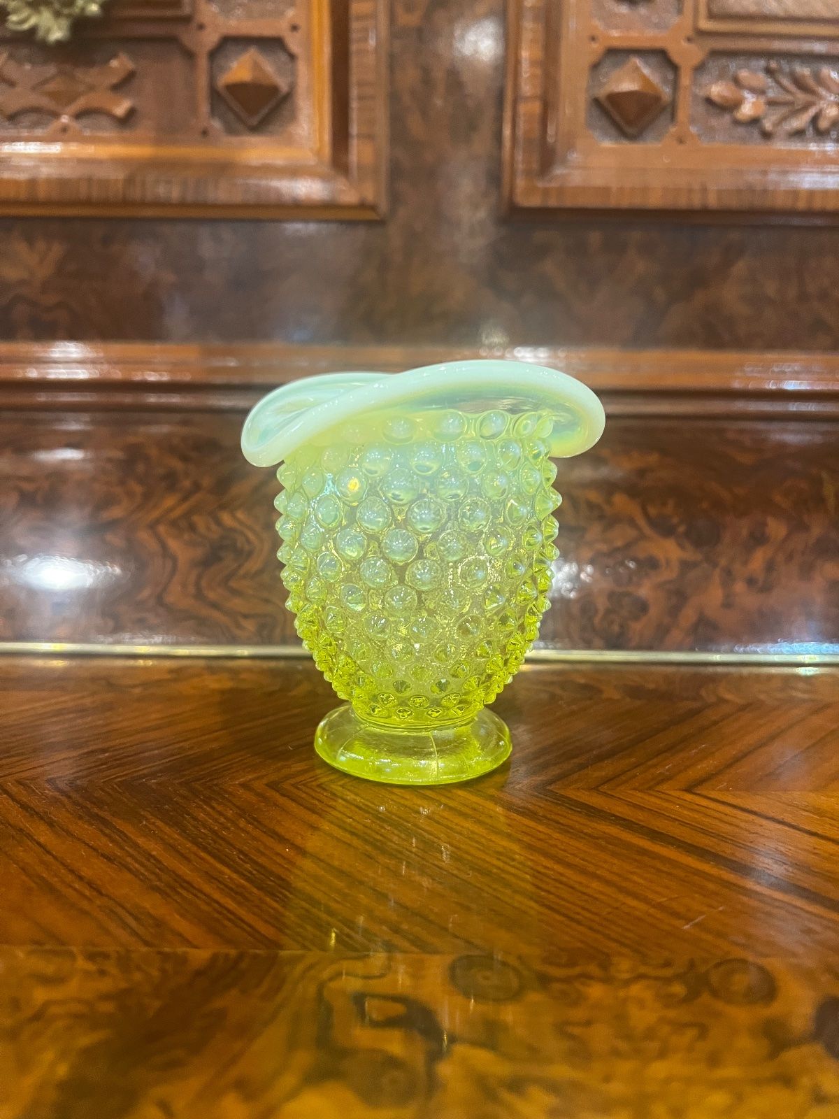 Vintage Fenton Yellow Topaz Hobnail Ruffled Mini Vases – 3.5" 2
