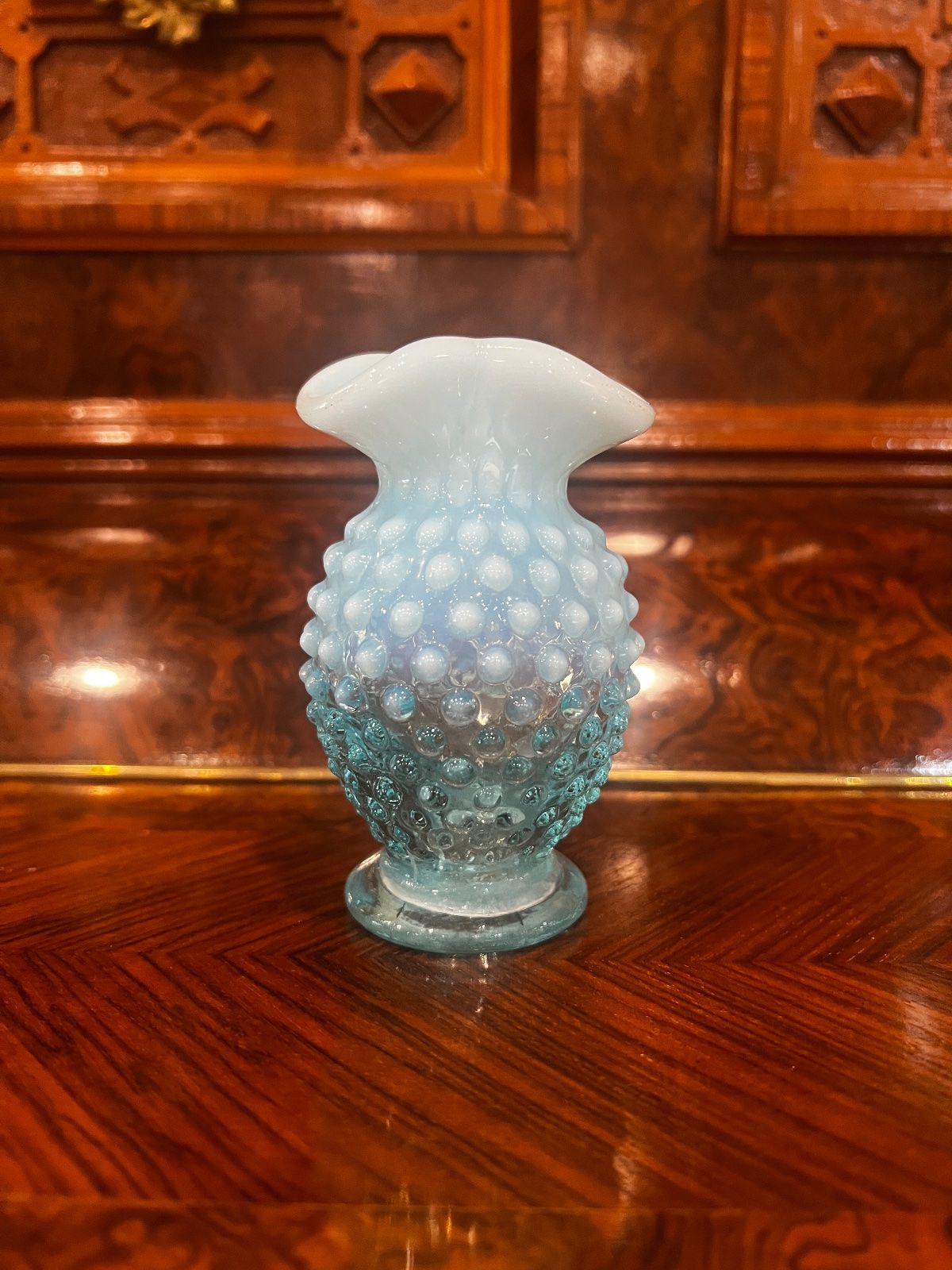 Vintage Fenton Blue Opalescent Hobnail Ruffled Vases – 4"