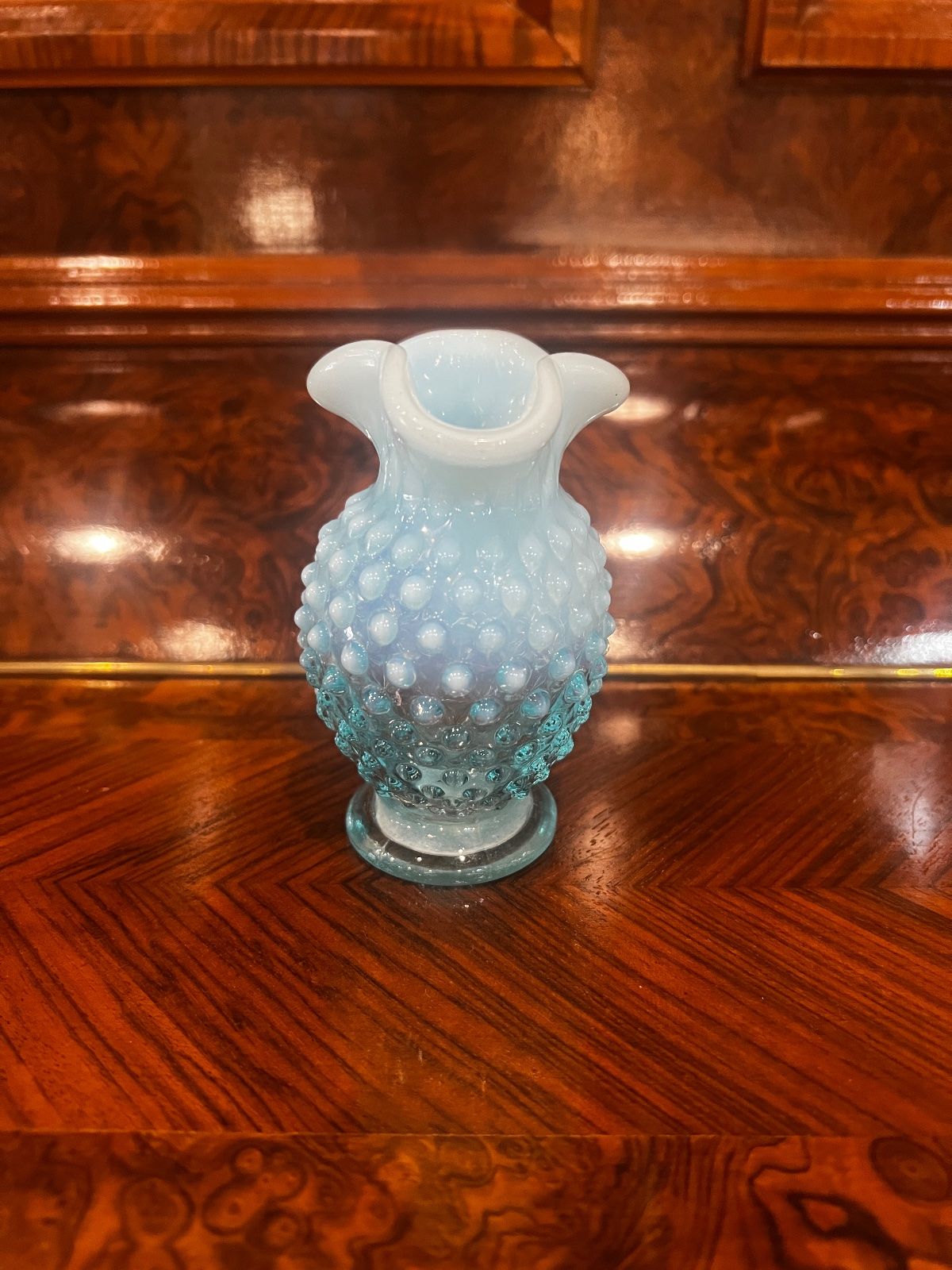Vintage Fenton Blue Opalescent Hobnail Ruffled Vases – 4" 2