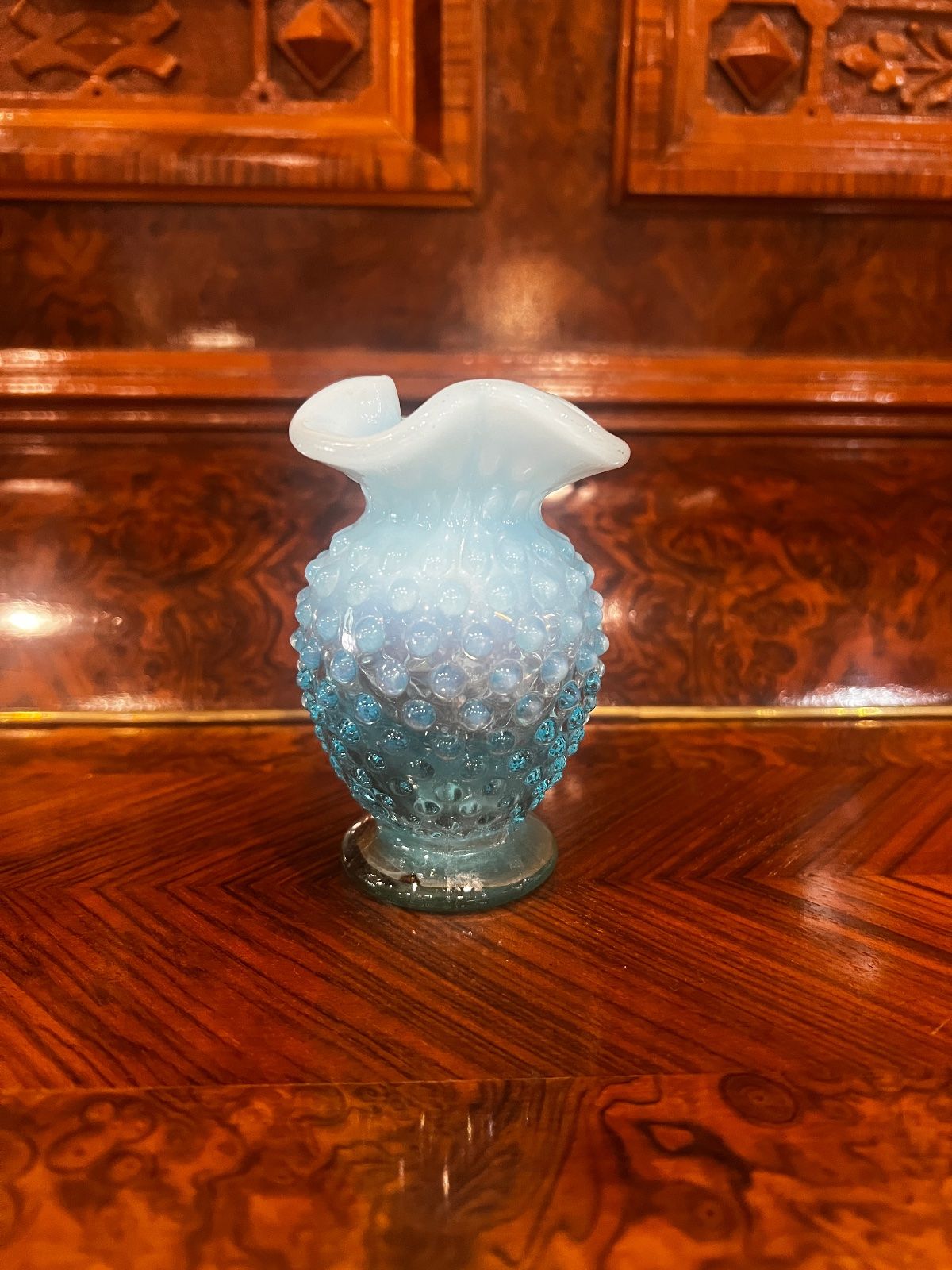 Vintage Fenton Blue Opalescent Hobnail Ruffled Vases – 4" 2