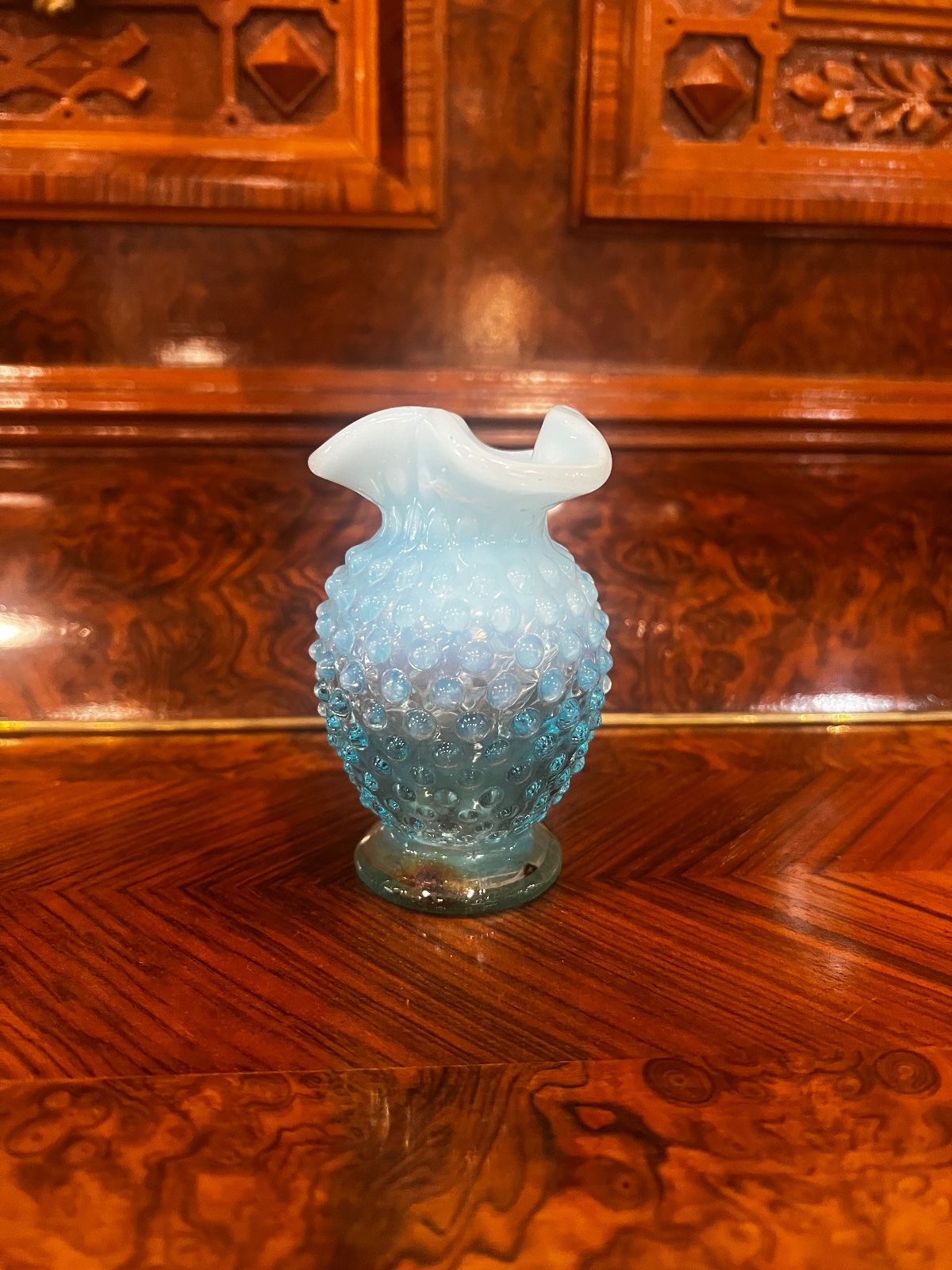 Vintage Fenton Blue Opalescent Hobnail Ruffled Vases – 4"