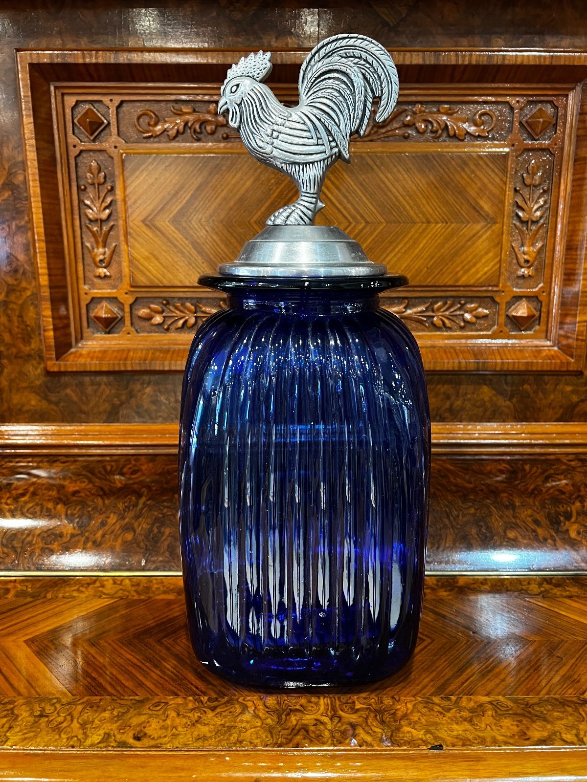 Cobalt Blue Glass Rooster Canister – Large