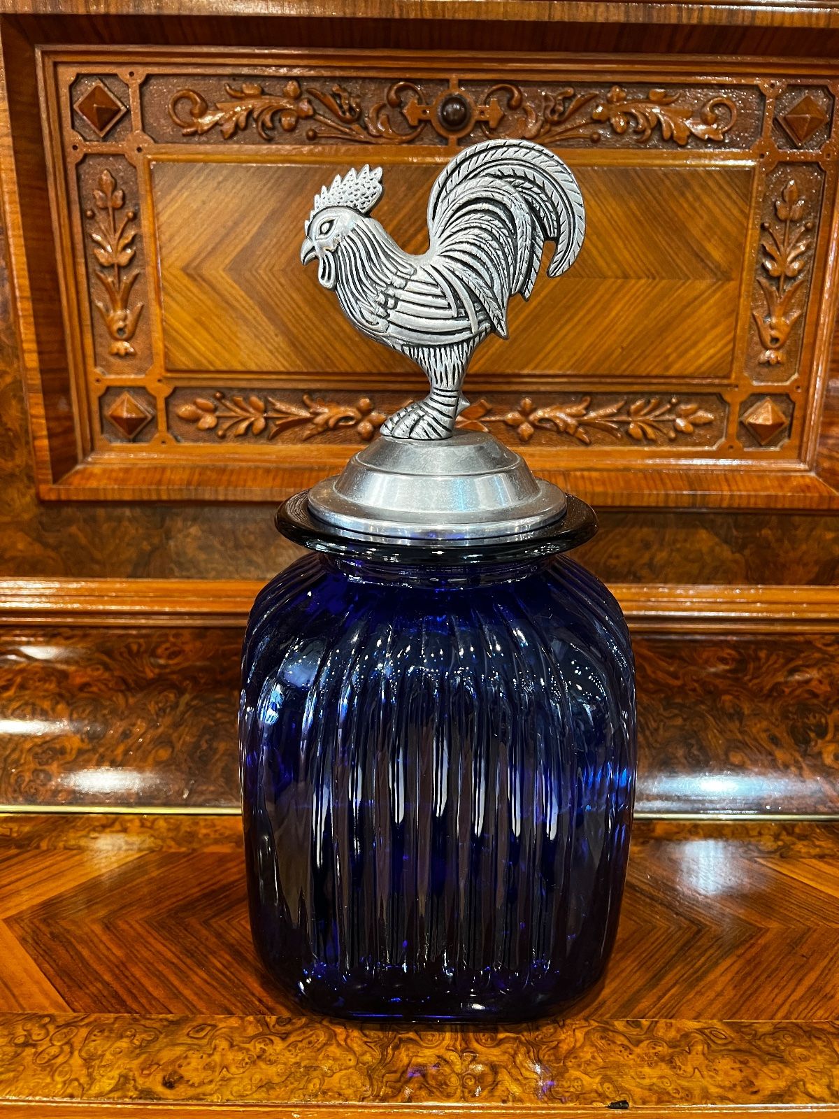 Cobalt Blue Glass Rooster Canister – Medium