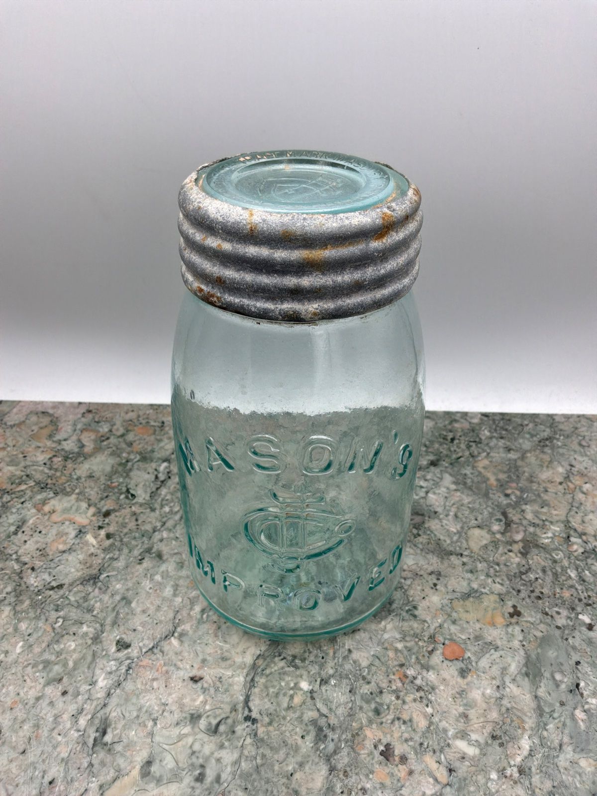 Antique Mason's Improved Canning Jar with Metal and Glass Lid 