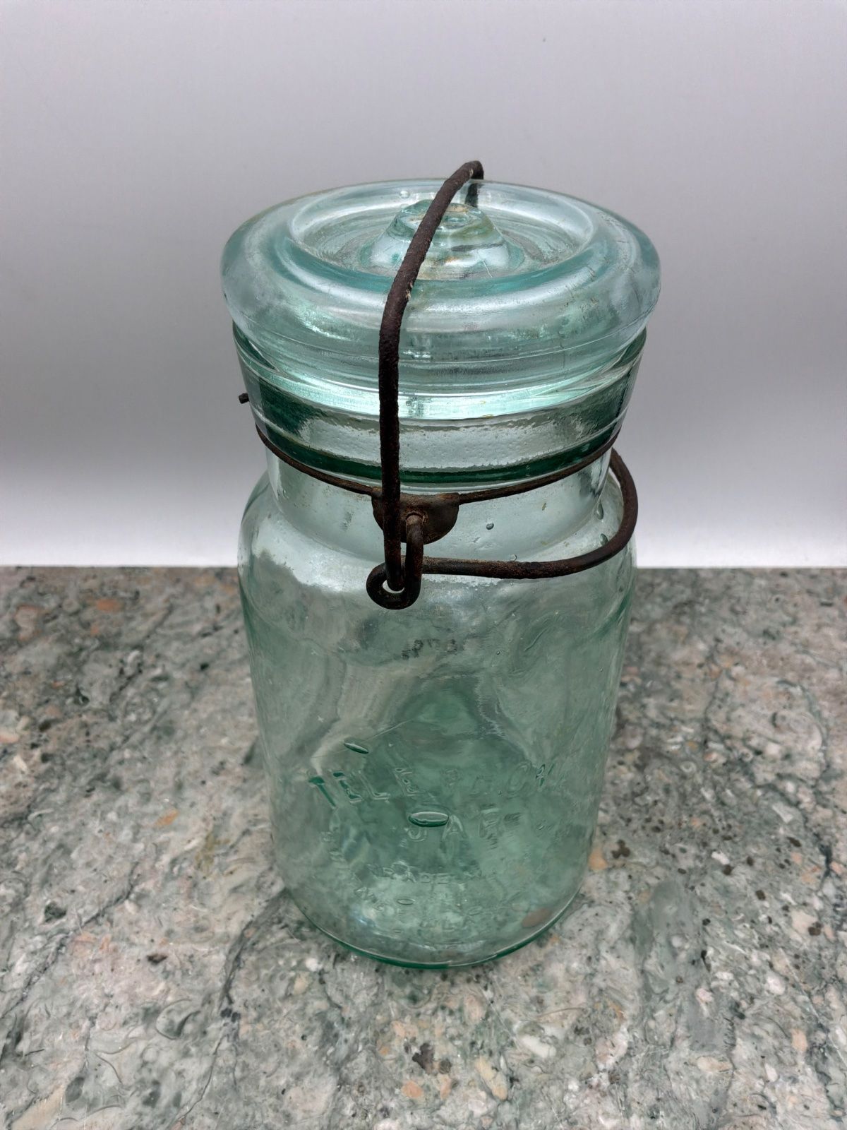 Vintage Whitney Glass Works Aqua Telephone Jar with Lid