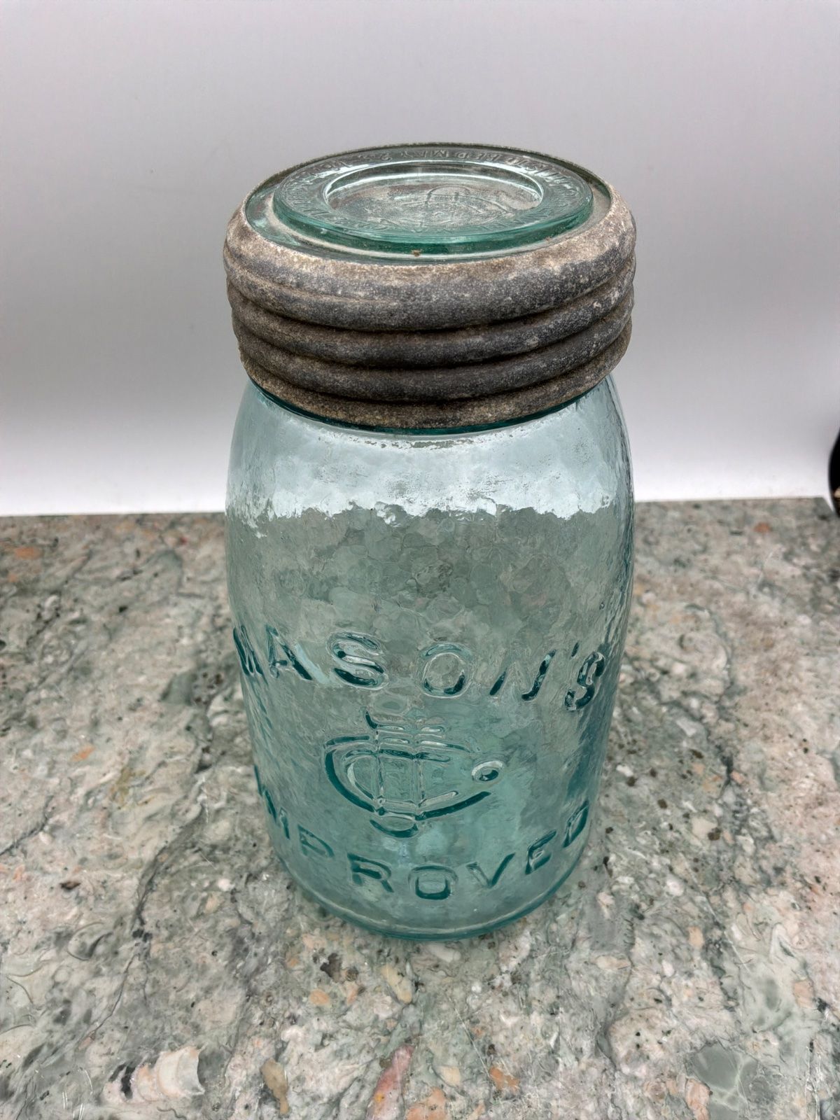 Antique Mason's Improved Glass Jar with Metal and Glass Lid