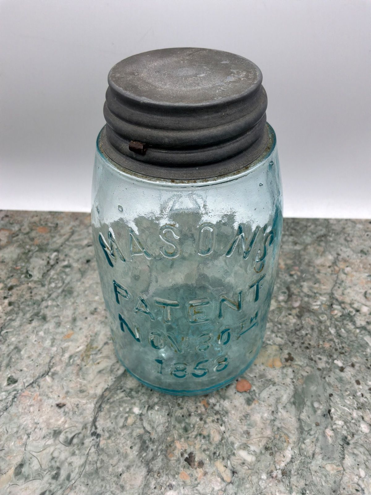 Antique Mason's Glass Jar with Metal Lid