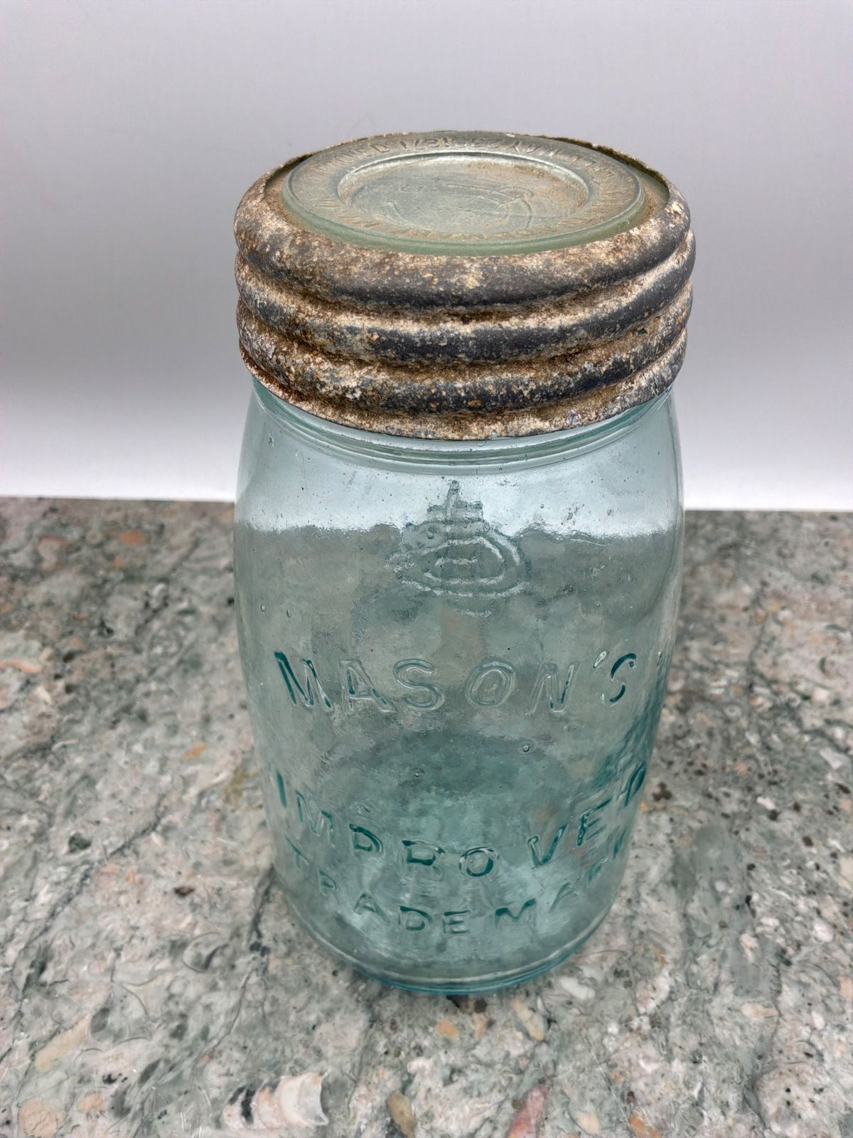 Antique Mason's Improved Glass Jar with Metal and Glass Lid