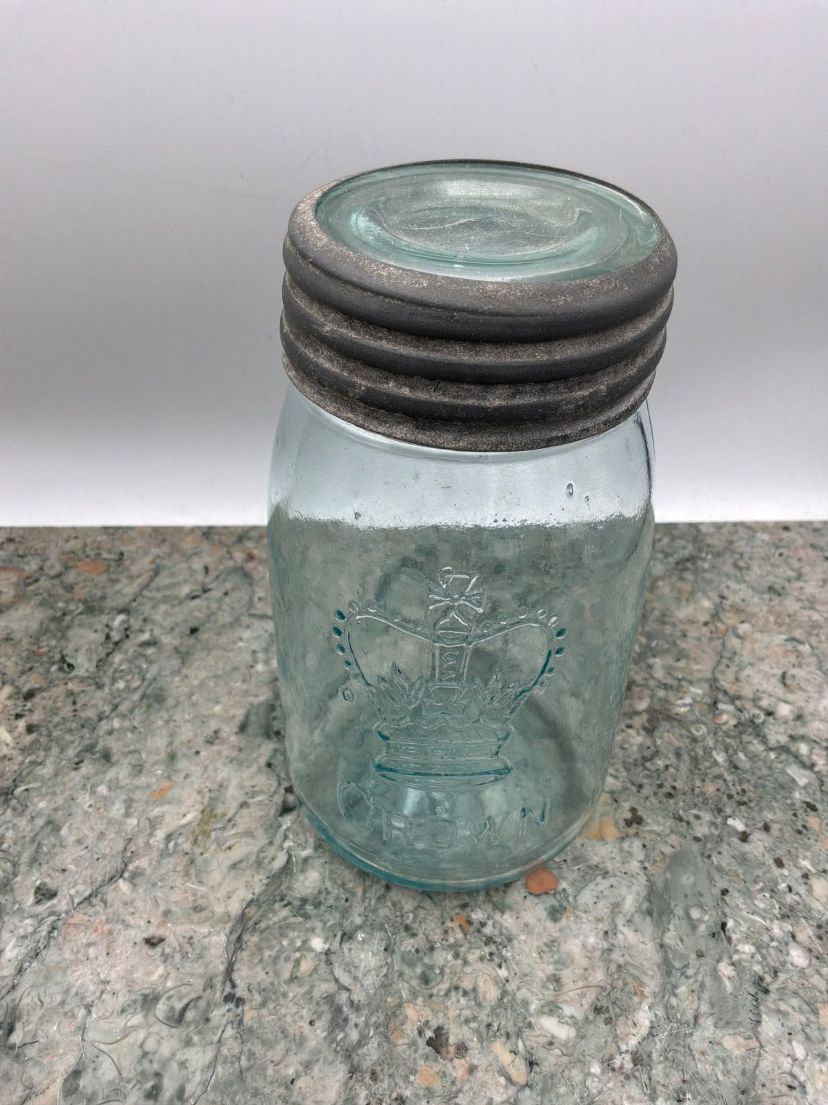 Antique Crown Brand Aqua Jar with Metal Lid