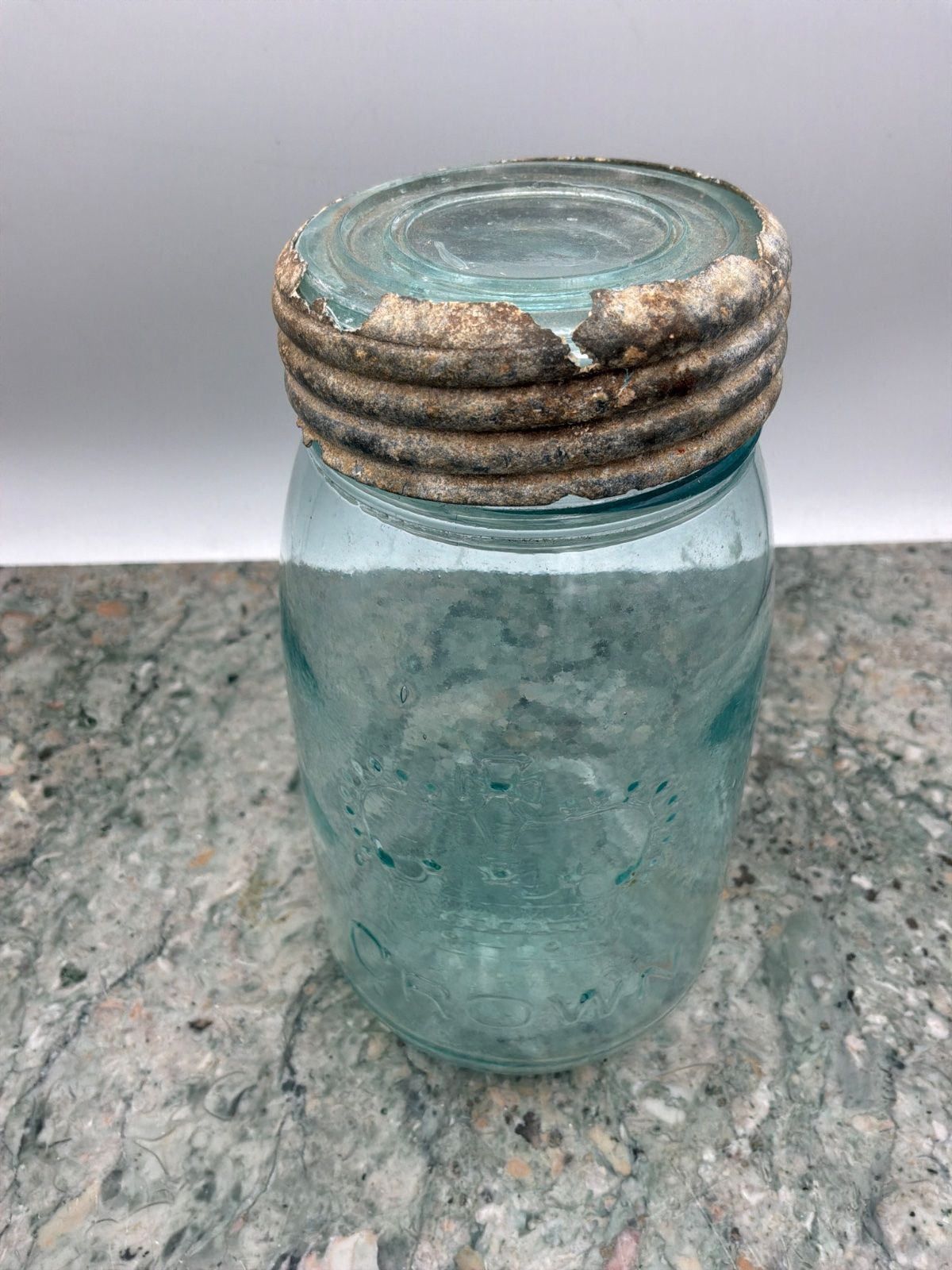 Antique Crown Brand Aqua Jar with Metal and Glass Lid