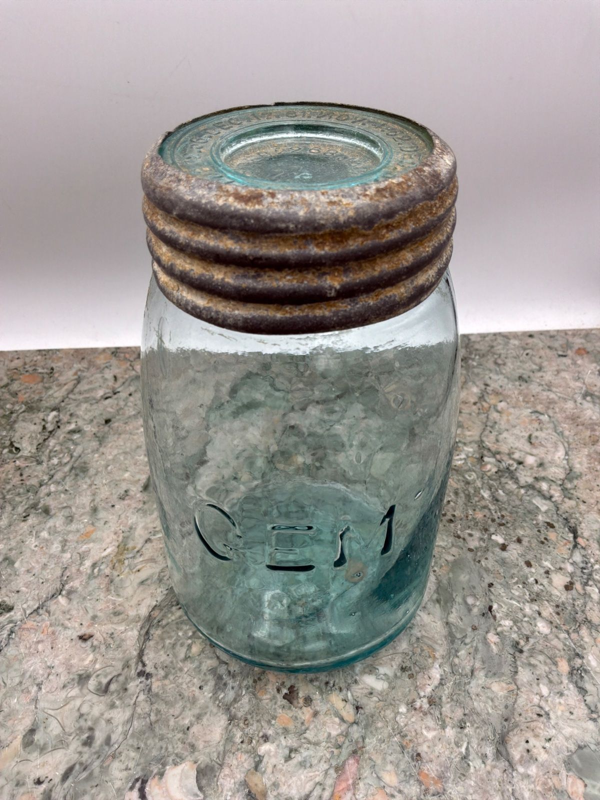 Antique Aqua Glass Jar with Metal and Glass Lid "GEM"