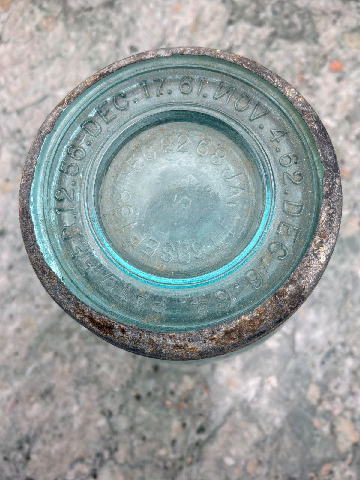 Antique Aqua Glass Jar with Metal and Glass Lid "GEM" 2