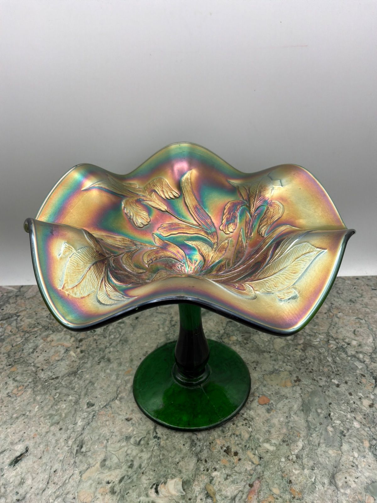 Green Carnival Glass Ruffled Edge Compote, Early 20th Century