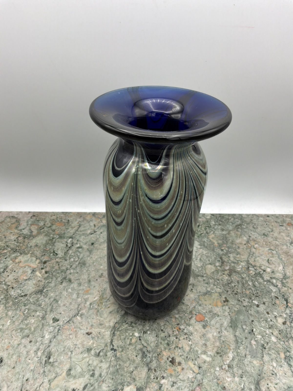 Hand Blown Cobalt Blue Art Glass Vase, Mid Century combed feather technique