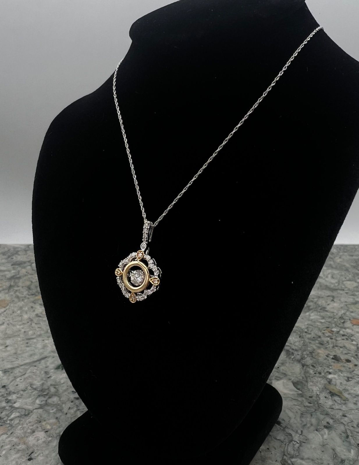 14K Two-Tone Gold Diamond Floral Halo Pendant Necklace 3