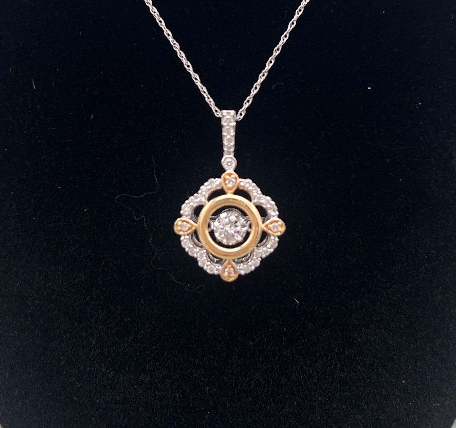 14K Two-Tone Gold Diamond Floral Halo Pendant Necklace 2