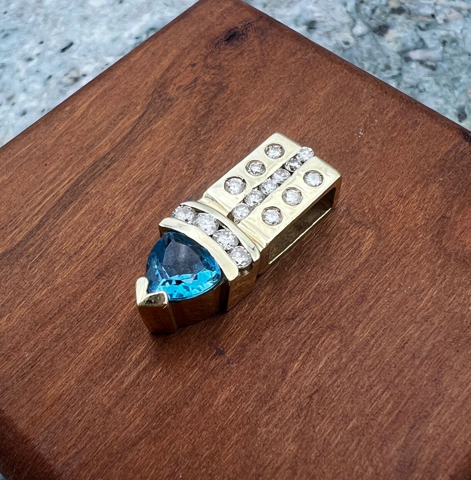 14K Yellow Gold Triangle-Cut Blue Topaz & Diamond Accent Pendant 2