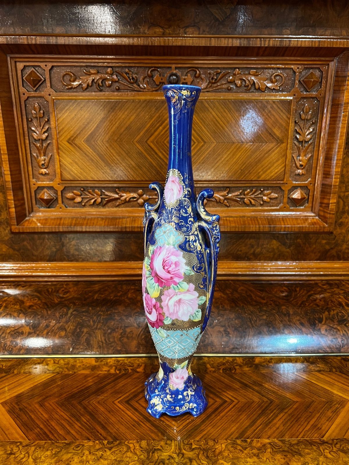 Vintage Cobalt Blue & Gold Floral Porcelain Vase - 14" 2
