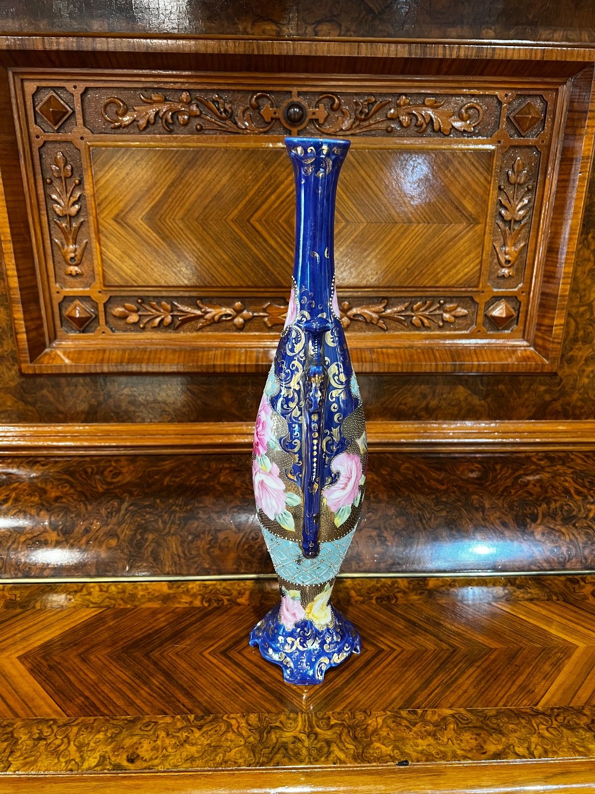 Vintage Cobalt Blue & Gold Floral Porcelain Vase - 14" 3