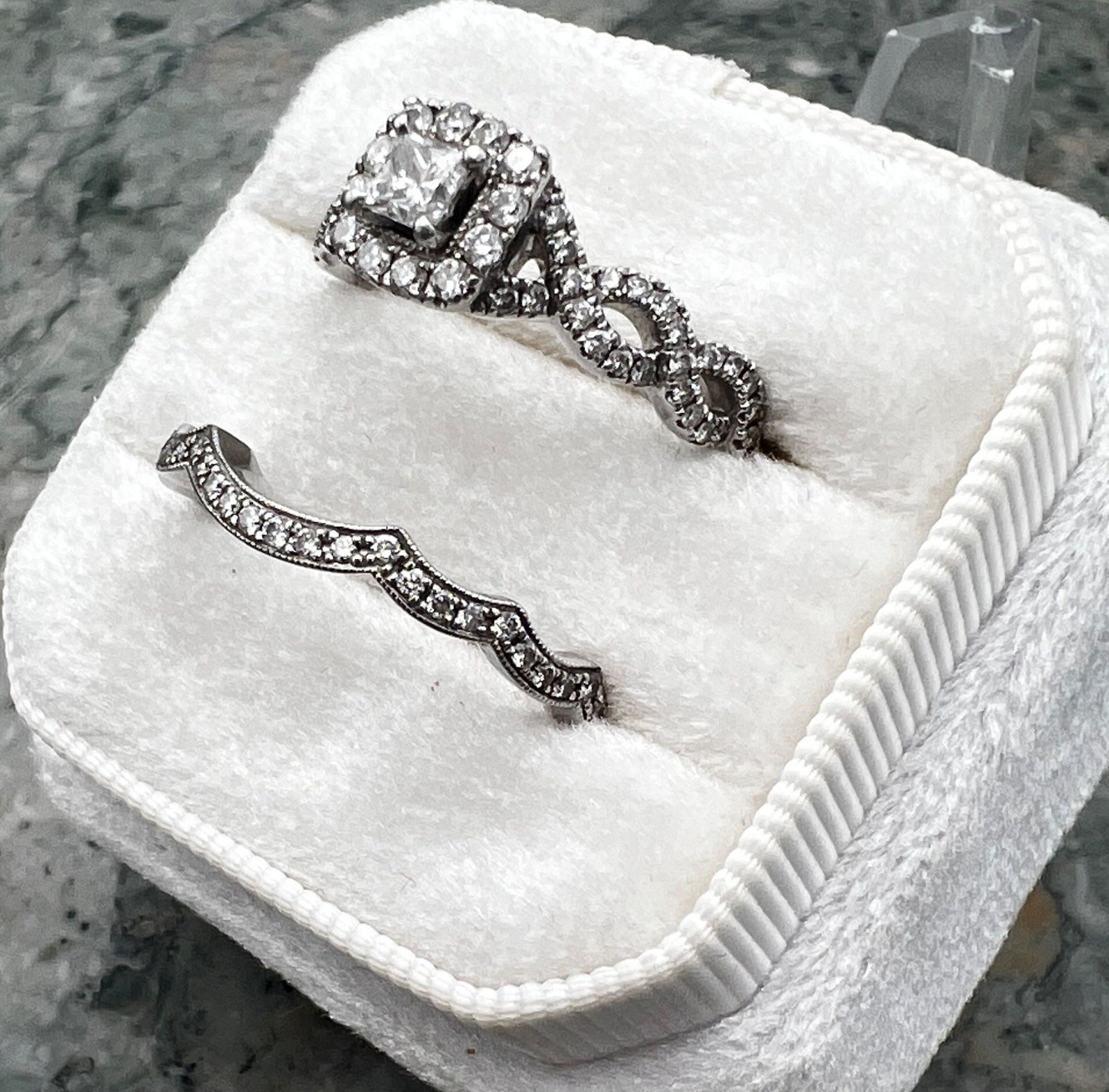 14K White Gold Princess-Cut Diamond Halo Wedding Ring Set 4