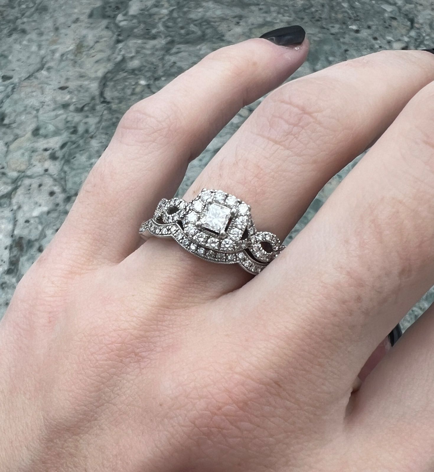 14K White Gold Princess-Cut Diamond Halo Wedding Ring Set 5