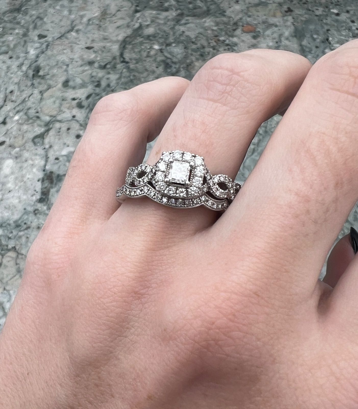 14K White Gold Princess-Cut Diamond Halo Wedding Ring Set 6