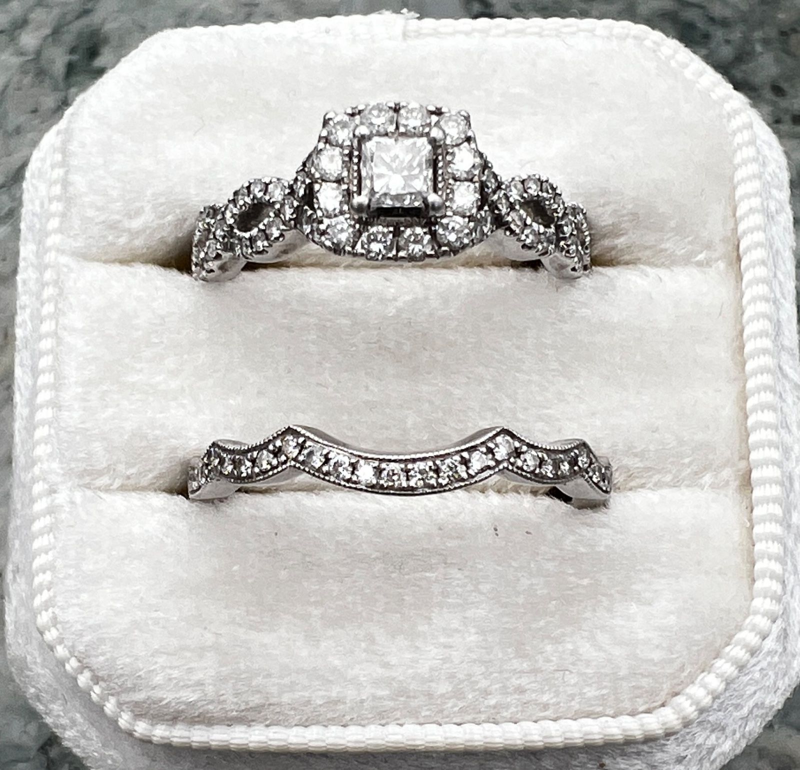 14K White Gold Princess-Cut Diamond Halo Wedding Ring Set 3