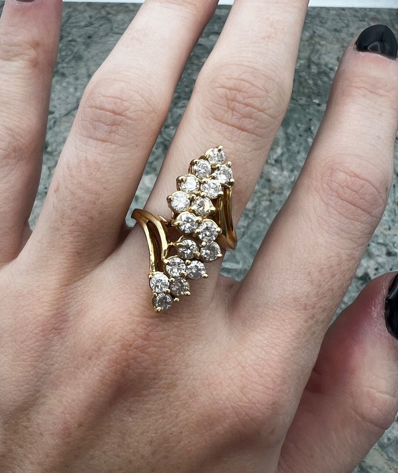 14K Yellow Gold Diamond Waterfall Cluster Cocktail Ring 6