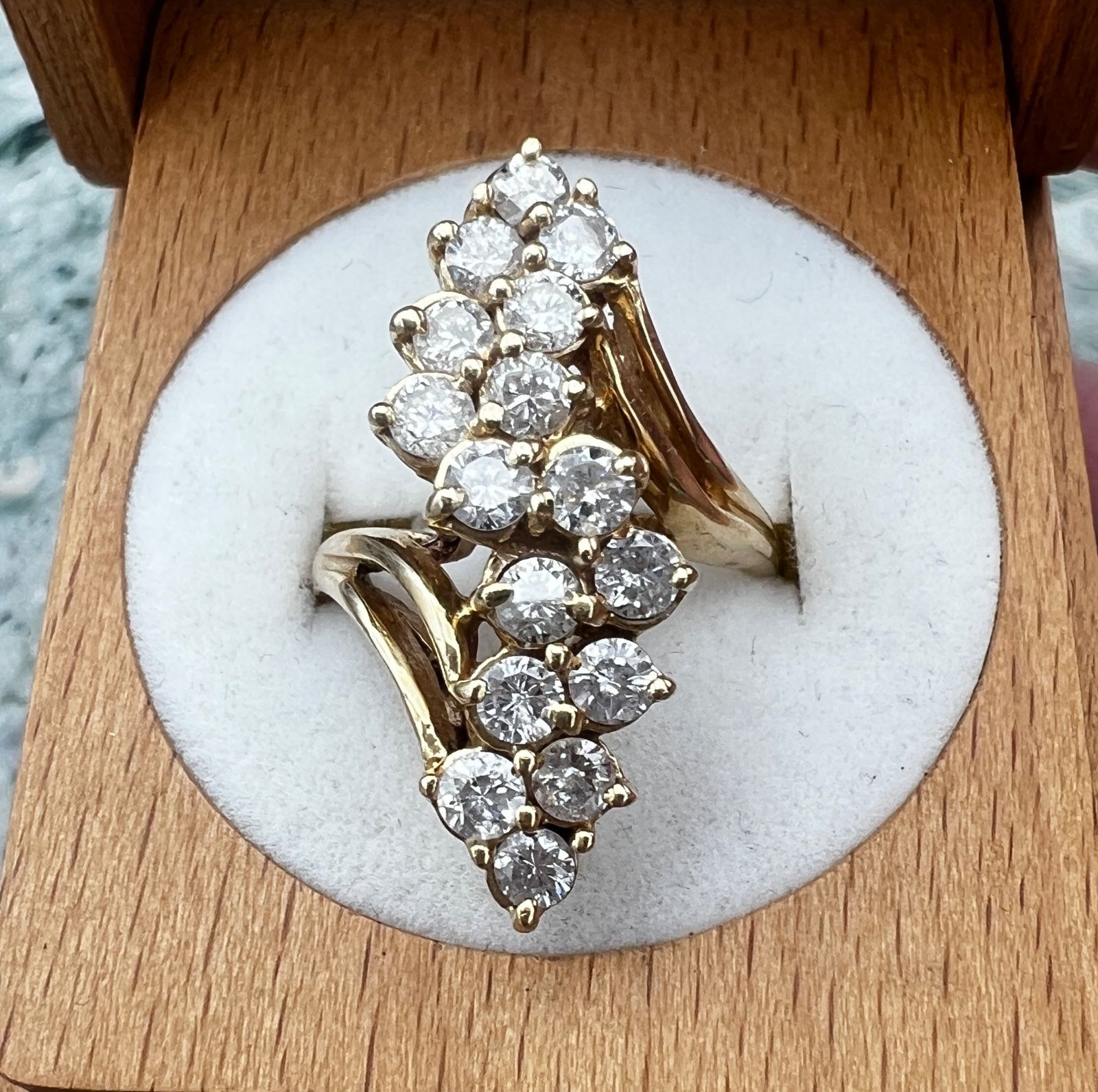 14K Yellow Gold Diamond Waterfall Cluster Cocktail Ring 3