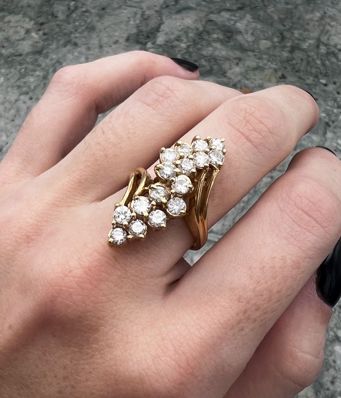 14K Yellow Gold Diamond Waterfall Cluster Cocktail Ring 5