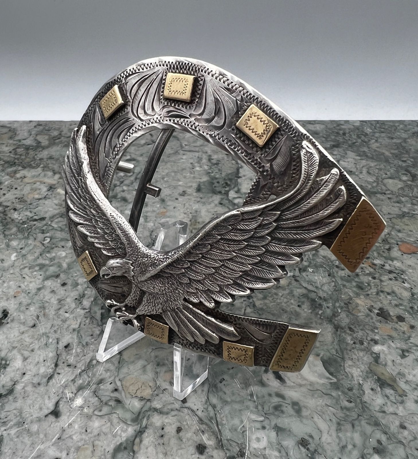 Vintage Mexican Sterling Silver & 14K Gold Eagle Horseshoe Belt Buckle 2