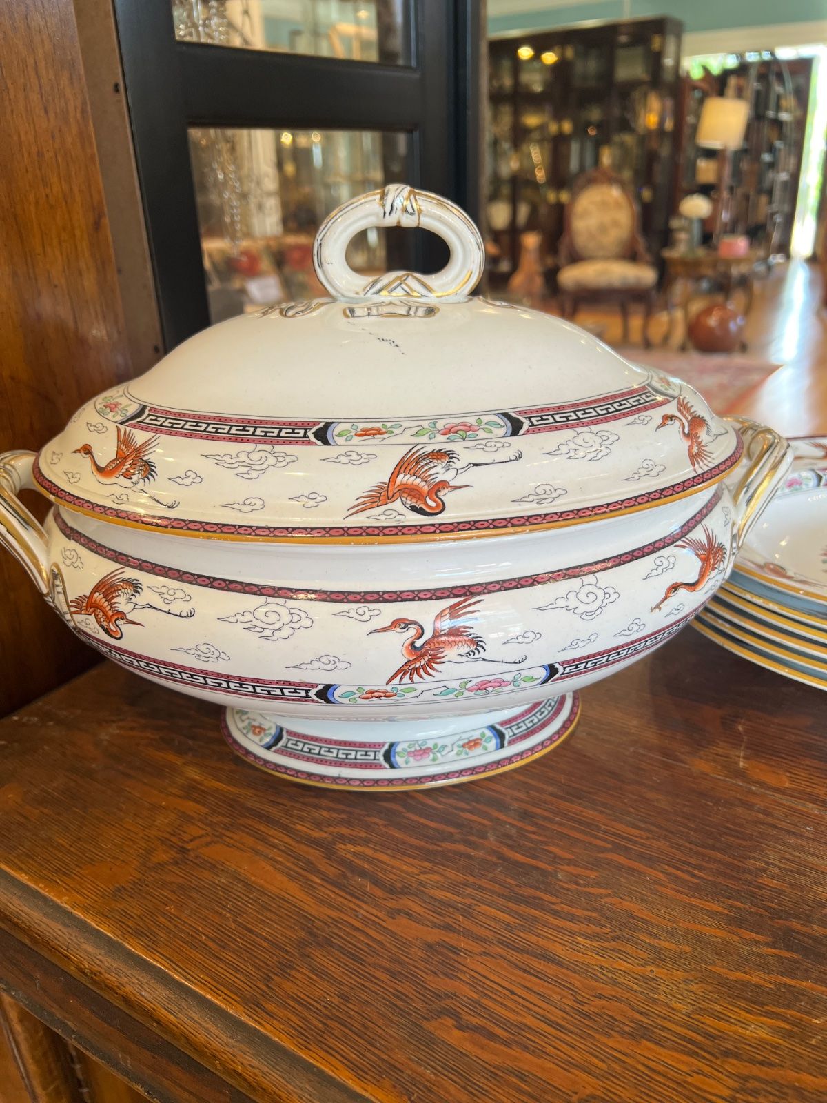 Stork and Fan Soup Tureen with Six Bowls 2