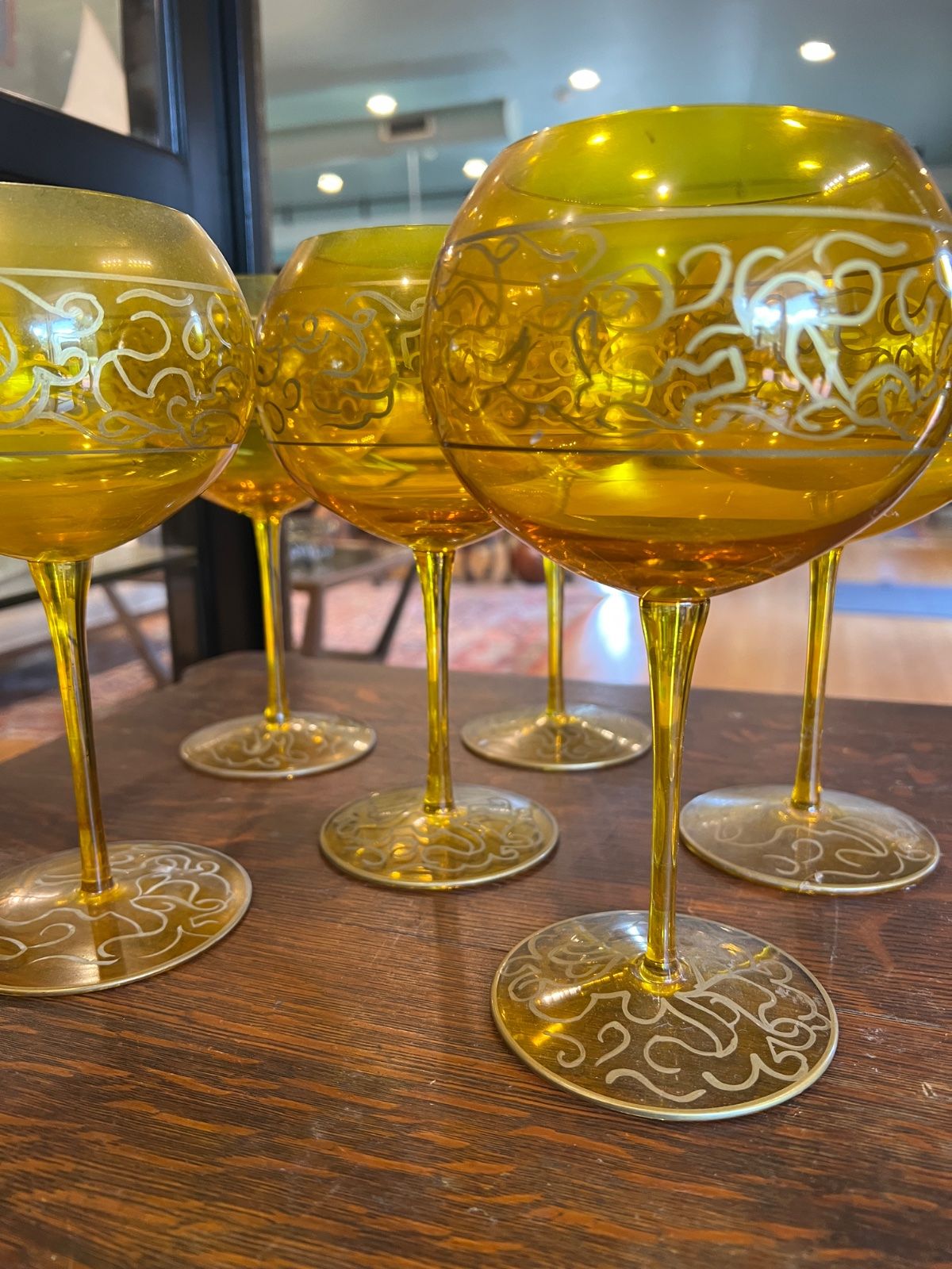 6 Amber Glass Gilt Painted Full Bodied Wine Glasses 2