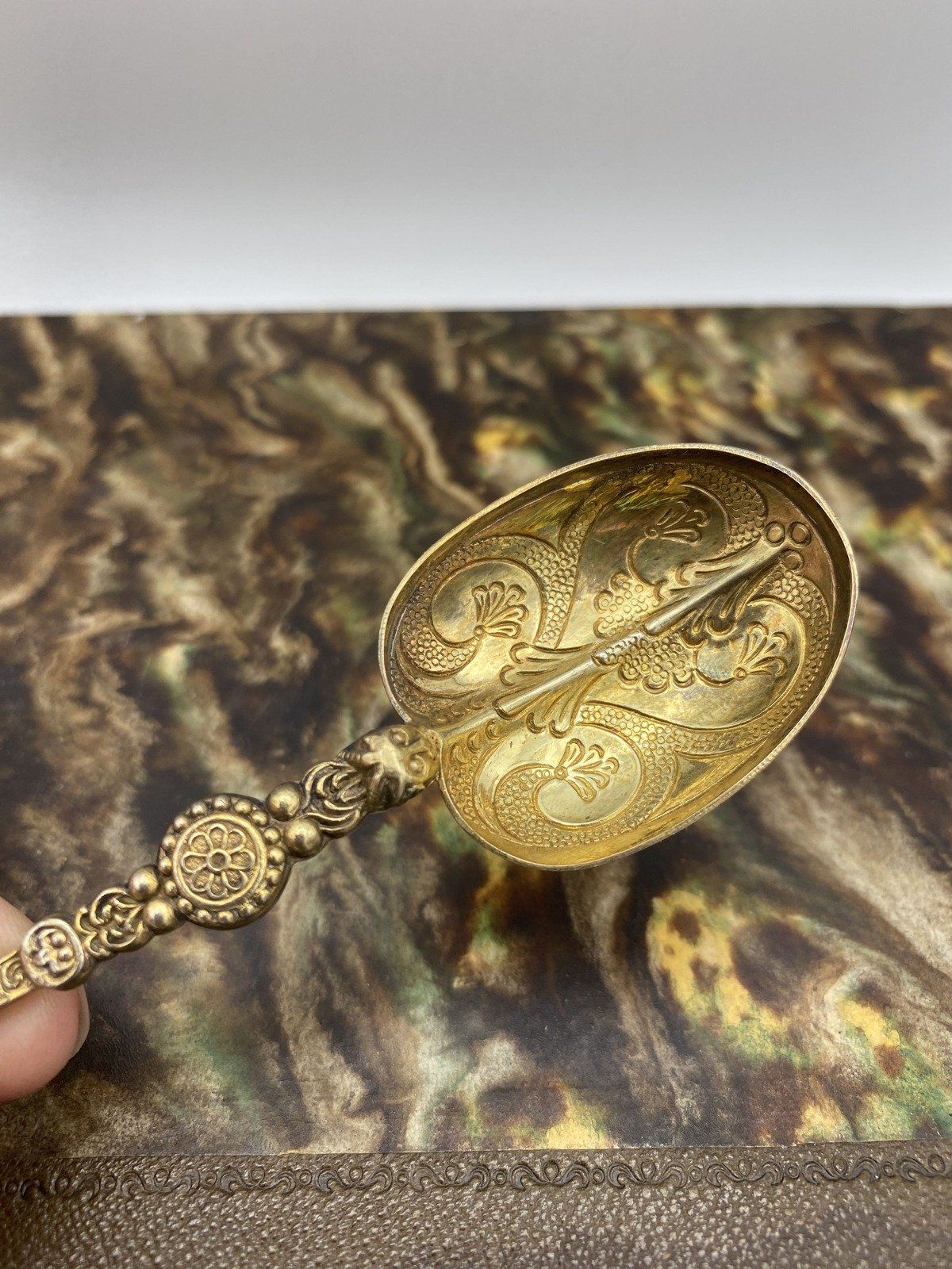 Edwardian c.1910s English Ornate Gilt Sterling Silver Anointing Spoon 3