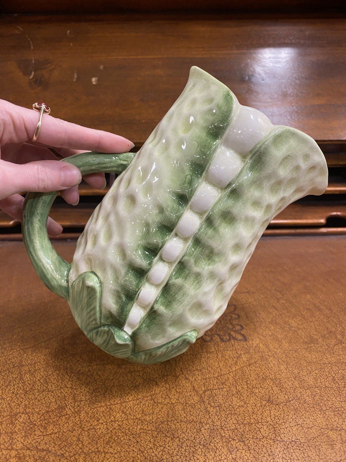 Vintage San Marco Majolica Pea Pod Drink Pitcher 6.75 7