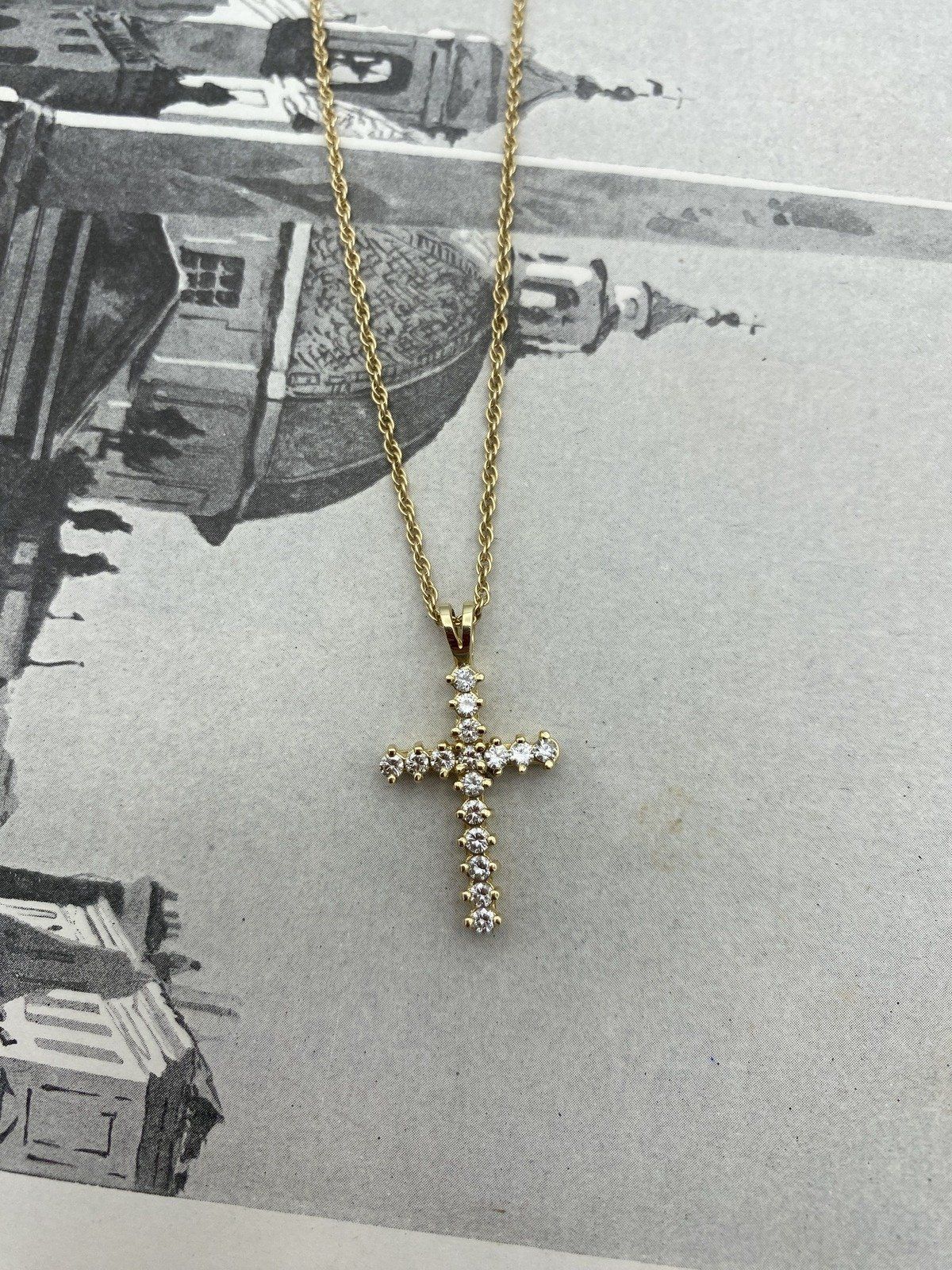 14k Gold Pave Set .80ctw Classic Diamond 1L Cross Drop Necklace 16L #3059 2
