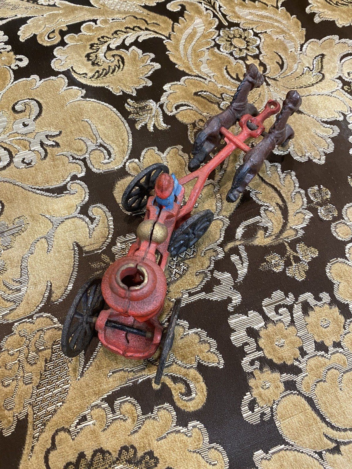 Miniature Cast Iron Vintage Fire Fighter Horse Drawn Toy 7