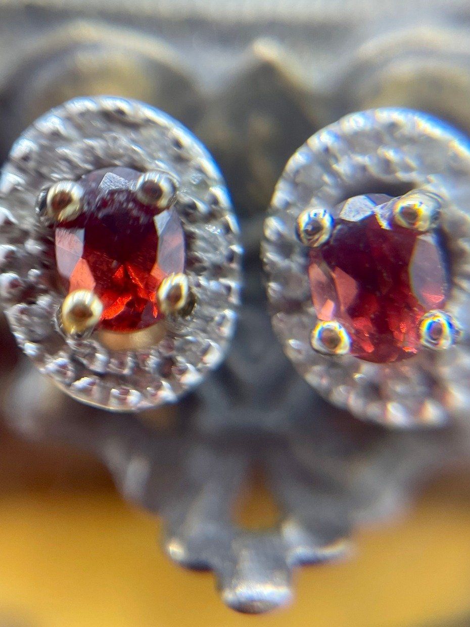 10k Gold Dainty Oval Garnet + Diamond Stud Earrings 4