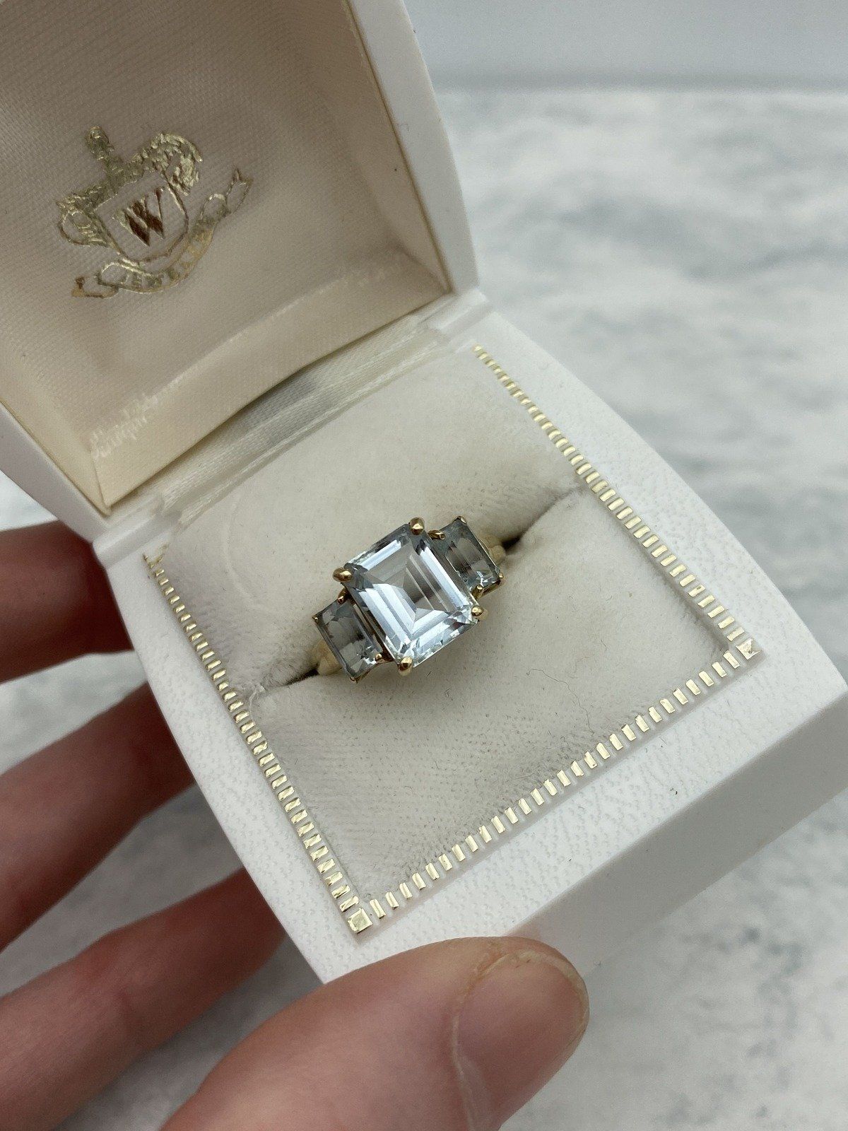 10k Gold Emerald Cut Aquamarine Trio Dress Ring 2