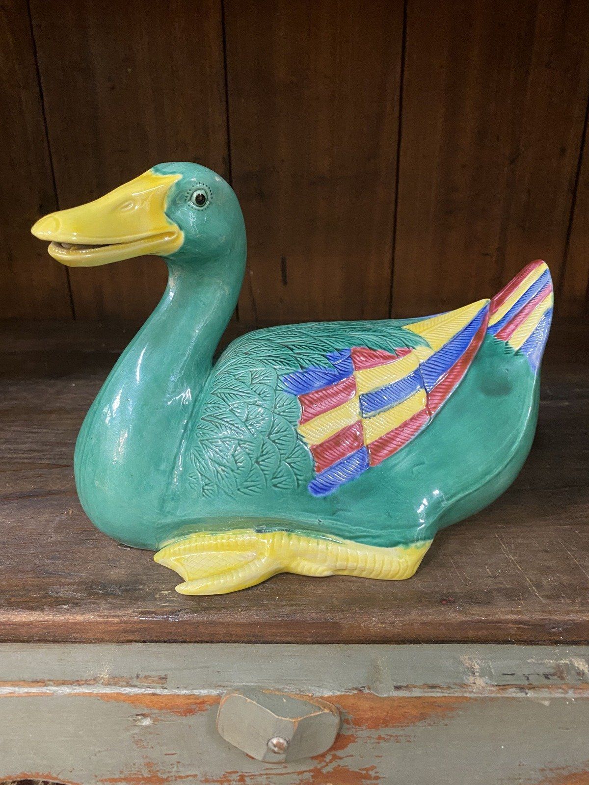 Vintage Chinese Export Sancai Hand Painted Porcelain Duck w Realist Details