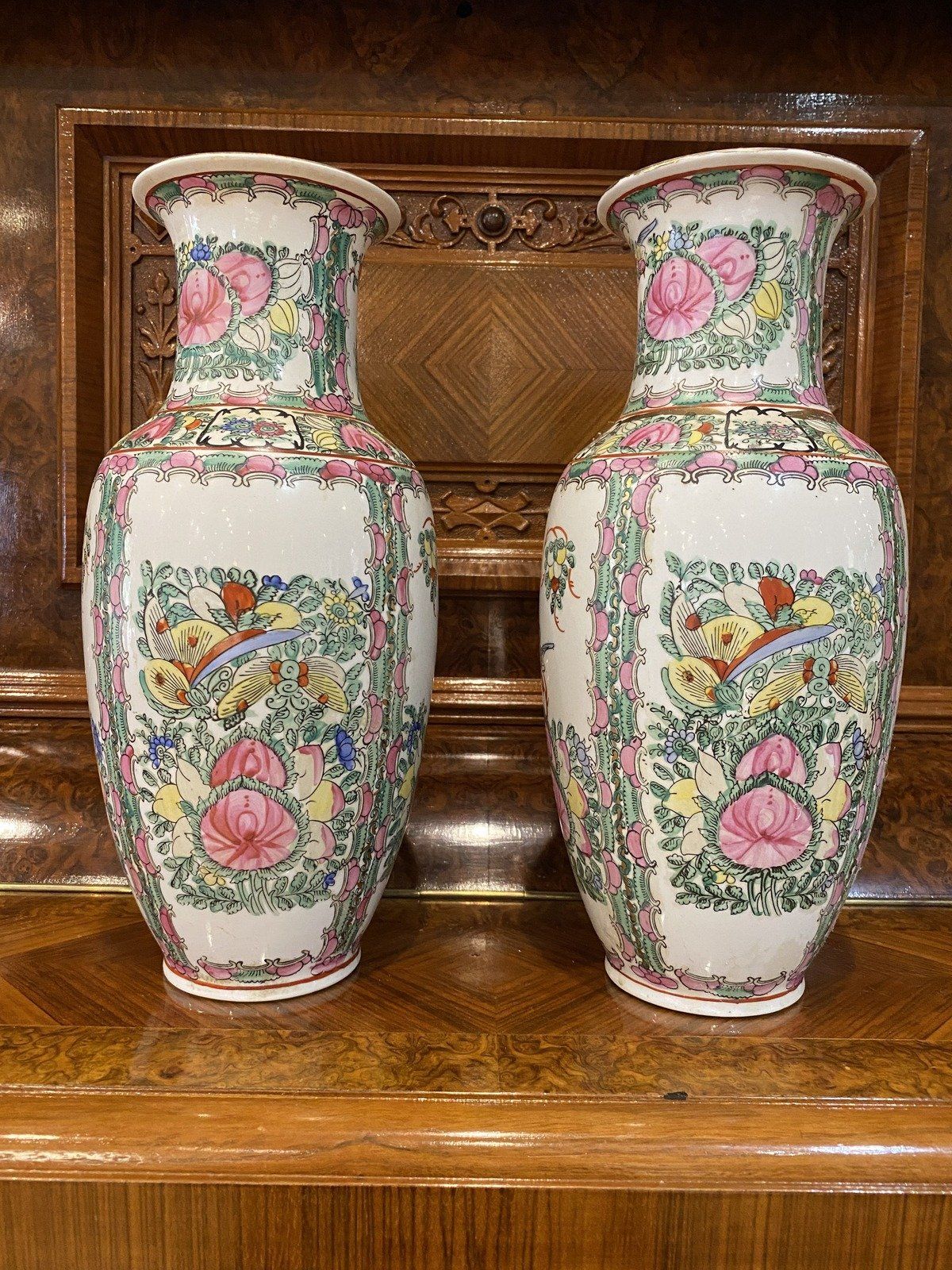 Pair of Vintage Rose Famille Oriental Vases 13h 8